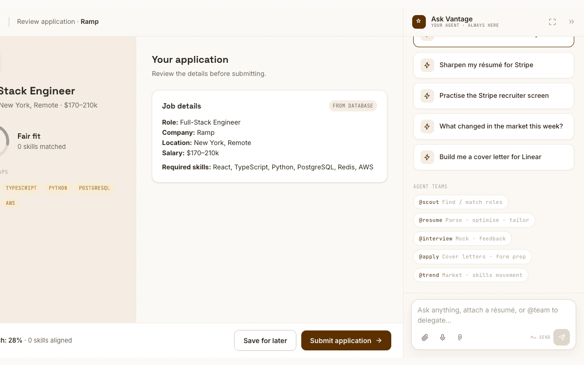 Vantage application review with job evidence and the Ask Vantage agent panel