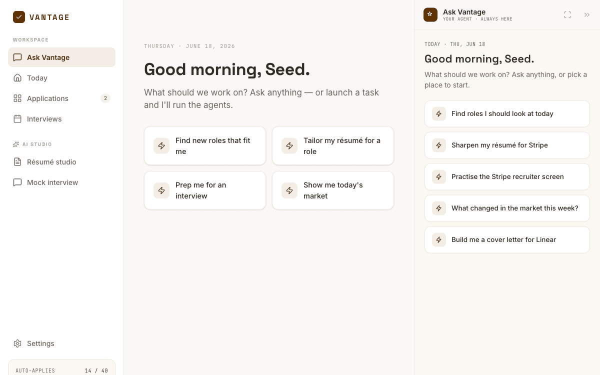 Vantage workspace with job search, résumé, and interview agent actions