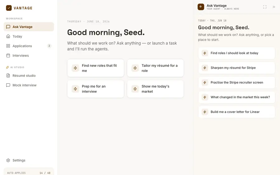 Scout agent, Résumé agent, Answer agent. 8 applications ready